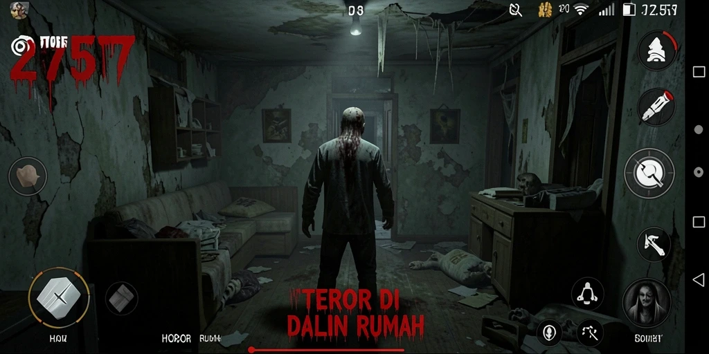 Tampilan antarmuka menegangkan di dalam game Horor Rumah.